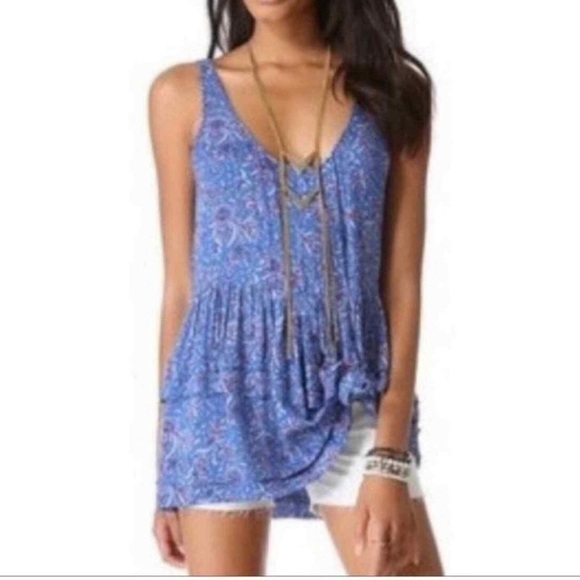 Intimately Free People Blue Flowy Ruffle Tiered Sleeveless Paisley Floral Top S - Picture 8 of 8